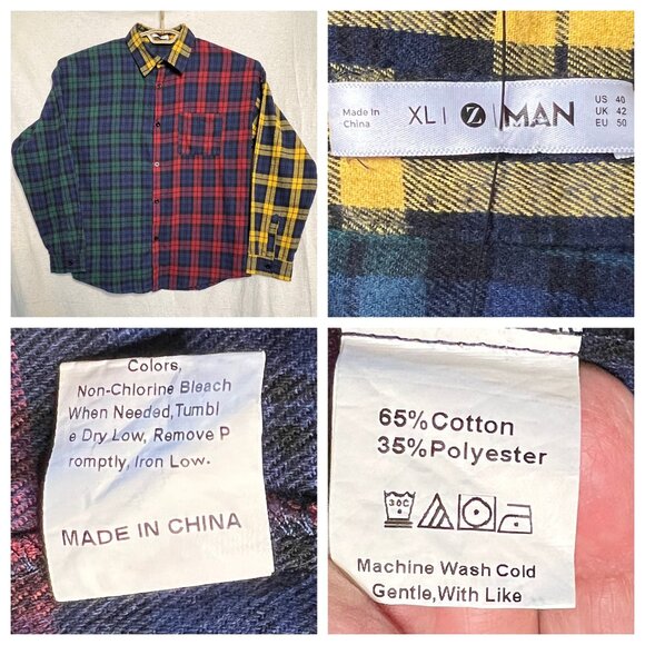 Mens Patchwork Plaid Button-Up Shirt Multicolor Design Long Sleeve XL flaw - Picture 10 of 16